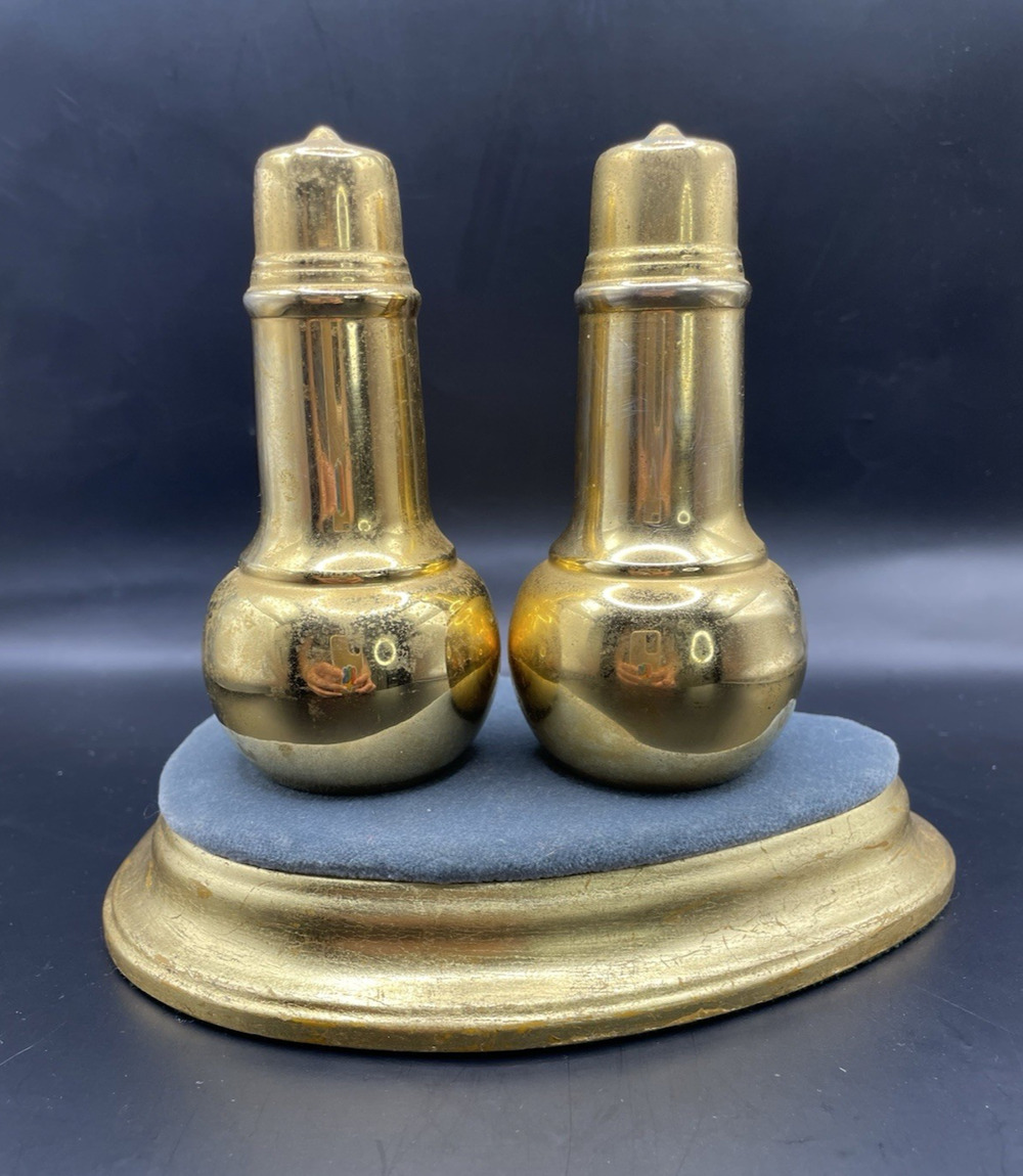 Vintage Brass Salt Pepper Shakers Shiny Gold 4" Vintage MCM Regency
